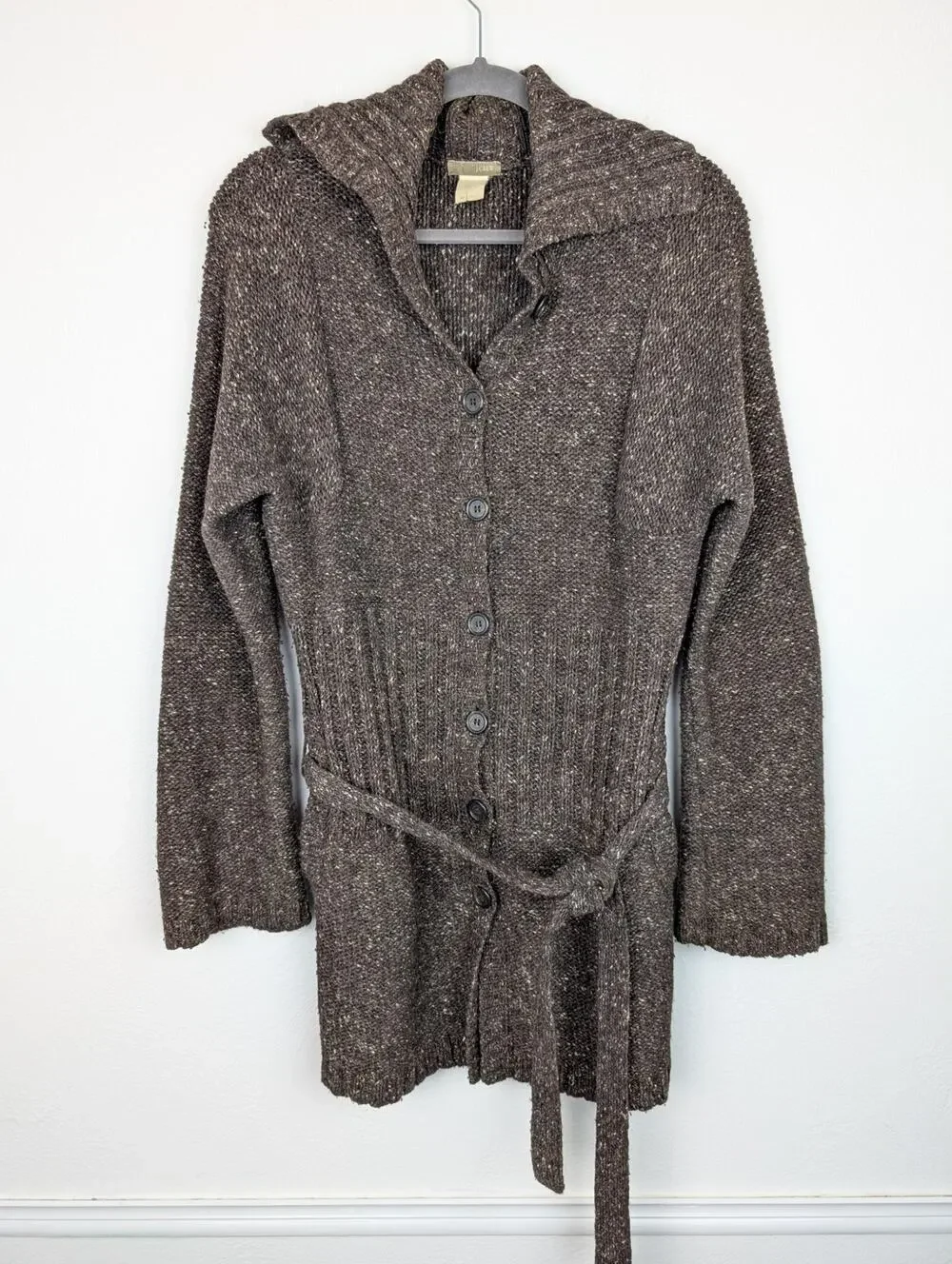 J Crew Cardigan Sweater Longline Wool Blend Heathered Chunky Knit Brown Size M